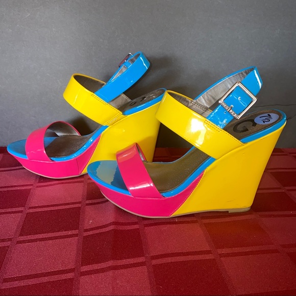 🔥G by Guess Multicolor Pink, Yellow & Blue Wedge Like New 7.5 CUTE! 🌺3xHost Pick - Picture 5 of 11